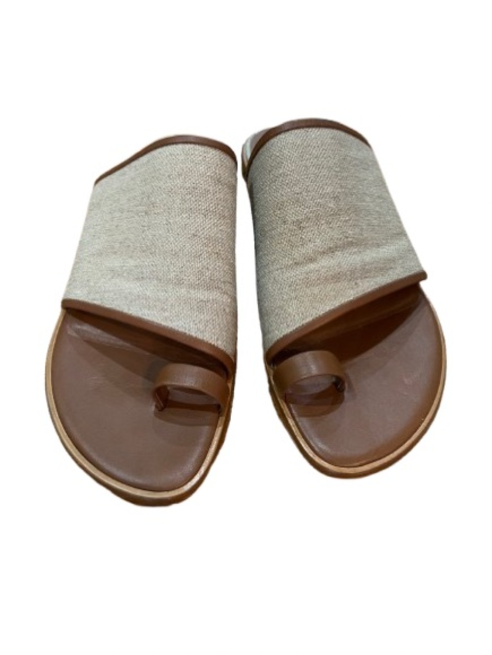 Vince Edan Linen/Canvas Toe Ring Slide Sandals Sz 9 Tan Minimalist Resortwear